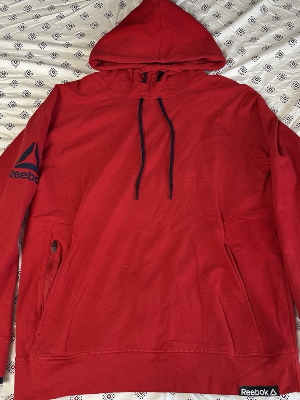 Reebok Fleece Hoodie, Red Drawstring Pockets black logo collared womens medium
